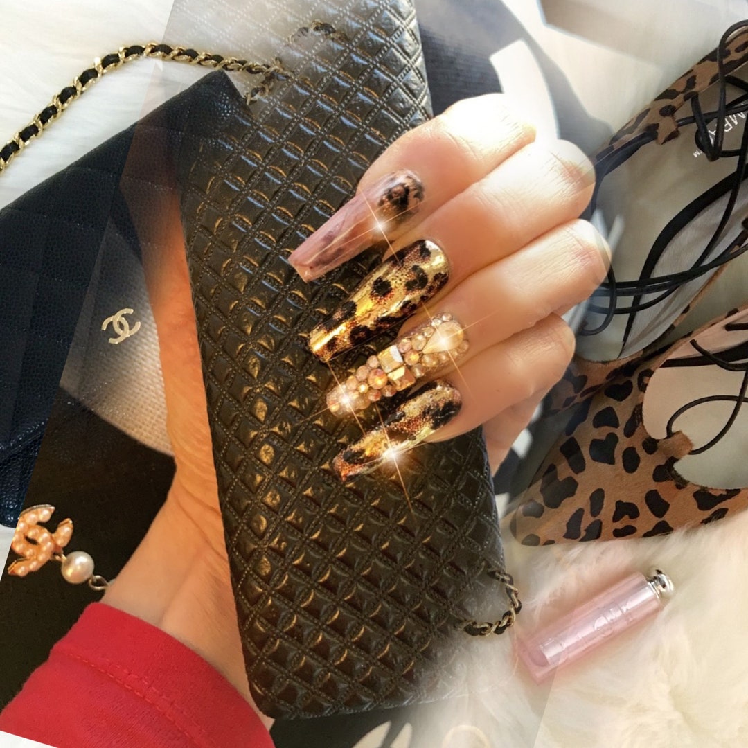 Gold Bronze Metallic Press on Nails W/ Champayne Rhinestones/new Years  Eve/bling Marble/luxury Nail/gel/cheetah Nails/leopard Print Nails 