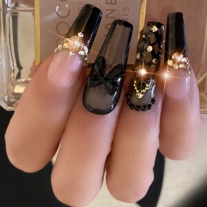 Can't Let You Go/Stunning Black Smoke Jeweled Bling French Press On Nails with Bows/Apres Nails/Vampy Nails/ Extra Long Nails/XXXL Fauxnails image 4