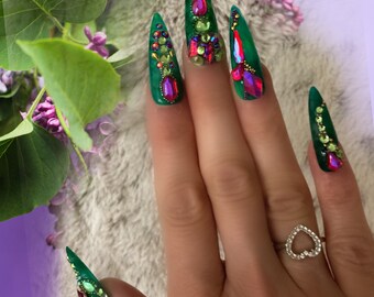 Super hero Poison Ivy/Press on Nails with emerald green gradient marble with  purple gemstones and gold accent stones