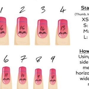 May include: A nail size chart with numbered nail shapes and corresponding millimeter measurements. The chart includes standard sizes (XS, S, M, L) and instructions on how to measure nail width using a millimeter tape measure.