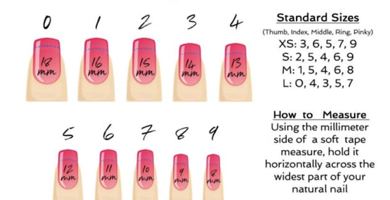 May include: A nail size chart with numbered nail shapes and corresponding millimeter measurements. The chart includes standard sizes (XS, S, M, L) and instructions on how to measure nail width using a millimeter tape measure.