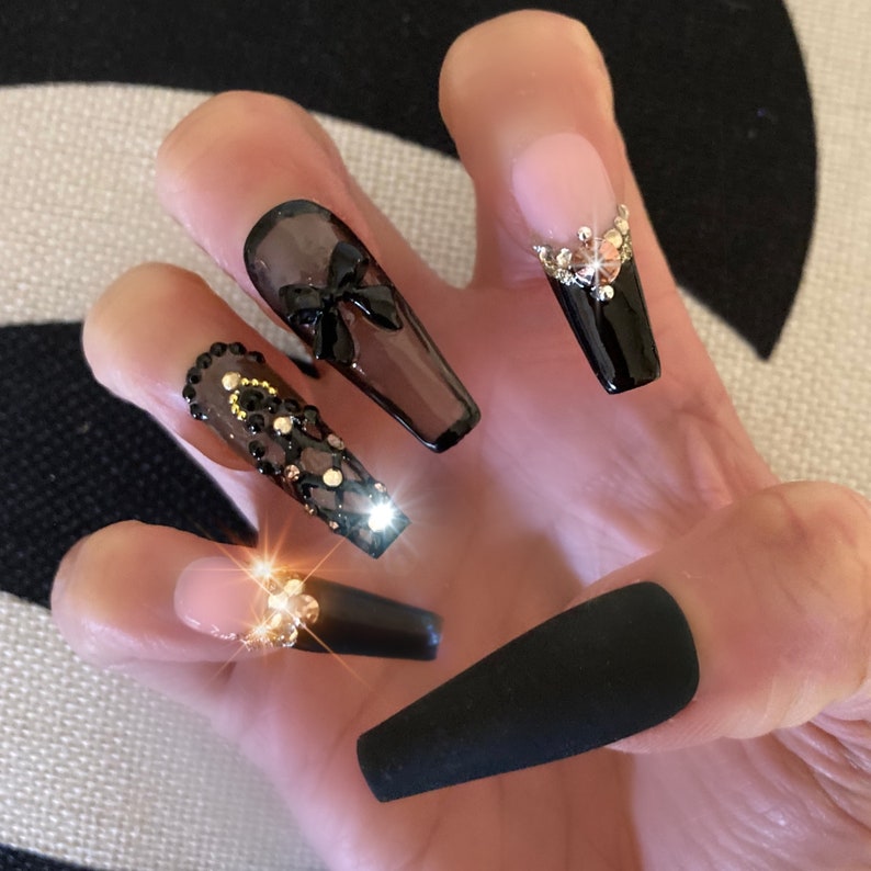 Can't Let You Go/Stunning Black Smoke Jeweled Bling French Press On Nails with Bows/Apres Nails/Vampy Nails/ Extra Long Nails/XXXL Fauxnails image 5