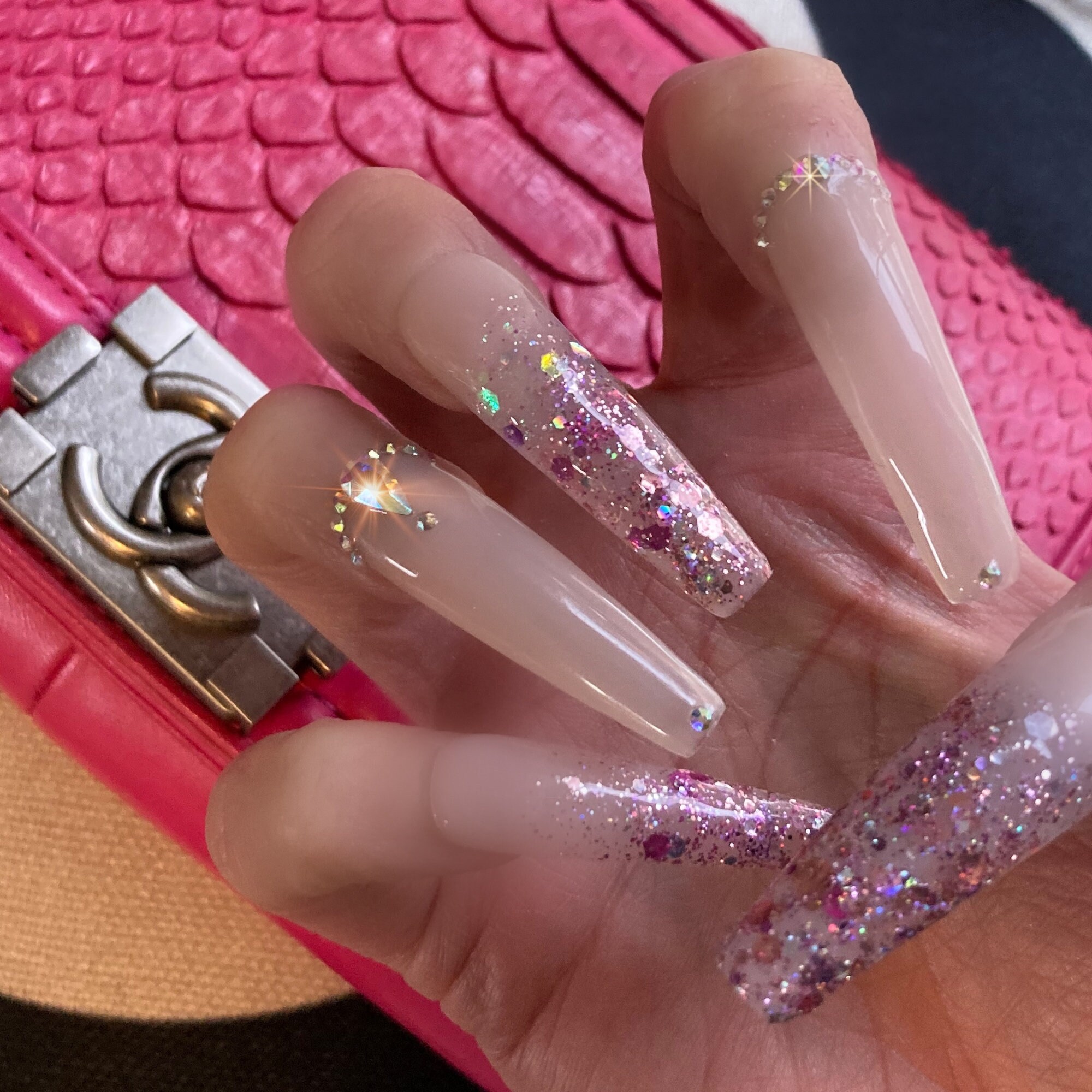 Blushed ON Nails&Beauty - Acrylic Coffin Nails, Chunky Glitter, Fine  Glitter, Rhinestone accents. Colour(s): Blush Pink • Multi Glitter. Nail  Tech: Medisha Chain.