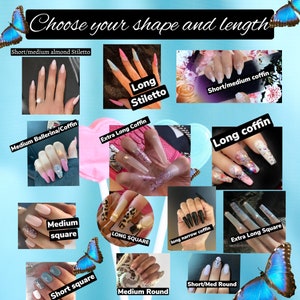 May include: A collage showcasing various nail shapes and lengths, including stiletto, coffin, square, and round styles. The image features text that reads "Choose your shape and length" and labels each nail style, such as "Long Stiletto" and "Short Square."