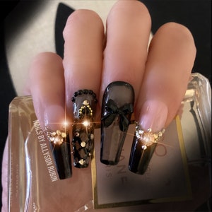 Can't Let You Go/Stunning Black Smoke Jeweled Bling French Press On Nails with Bows/Apres Nails/Vampy Nails/ Extra Long Nails/XXXL Fauxnails