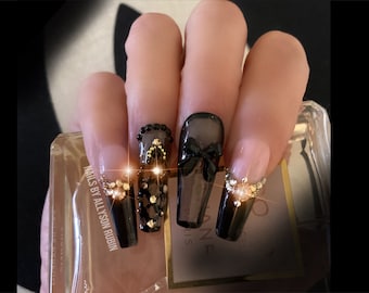 Black Smoke Jeweled Press On Nails: Long Vampy Faux Nails with Bows