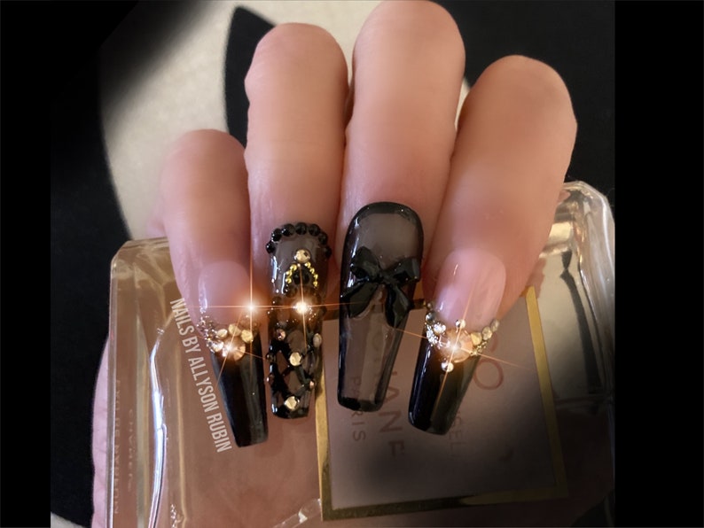 Can't Let You Go/Stunning Black Smoke Jeweled Bling French Press On Nails with Bows/Apres Nails/Vampy Nails/ Extra Long Nails/XXXL Fauxnails image 1