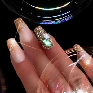 just kickin&#39; It/Personalized Birthstone Nails/Birthday Gift for her/Gold Glitter and gemstone press on nails/extra long nails/custom nails