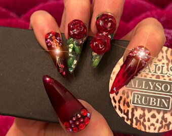 Roses Are Red Press On Nails | Jelly Bling, 3D Floral, Quinceanera