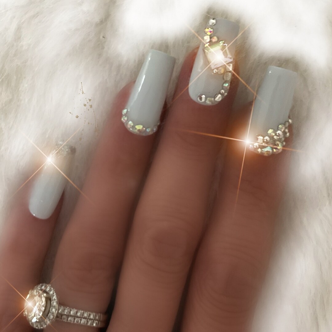 Class Act/light Gray W/crystals Rhinestones Bling Press on Nails - Etsy