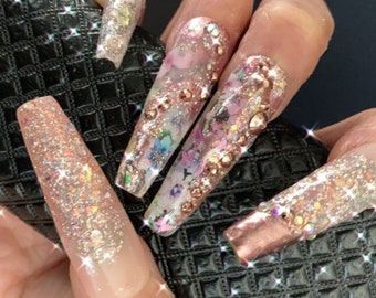Give U My Heart/Glam AF Victorian Queen press on nails/rose gold with sparkle and chrome with flowers/XXL custom made nails/mismatched nails
