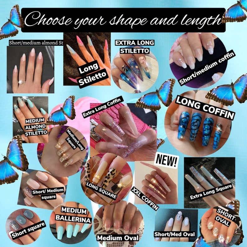 May include: A collage of different nail shapes and lengths, including almond, stiletto, coffin, square, oval, and ballerina. The nails are decorated with glitter, rhinestones, and other embellishments. The image includes the text "Choose your shape and length".