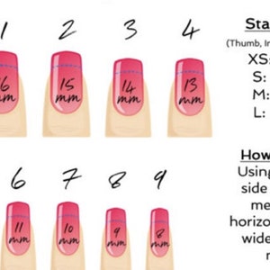May include: A chart showing standard nail sizes in millimeters for different finger lengths. The chart includes sizes 0-9, with corresponding measurements for each size. The chart also includes a section on how to measure your nails using a millimeter tape measure.