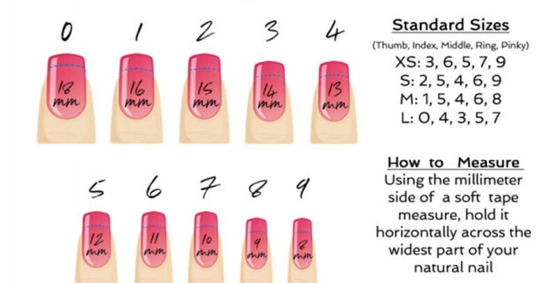 May include: A chart showing standard nail sizes in millimeters for different finger lengths. The chart includes sizes 0-9, with corresponding measurements for each size. The chart also includes a section on how to measure your nails using a millimeter tape measure.