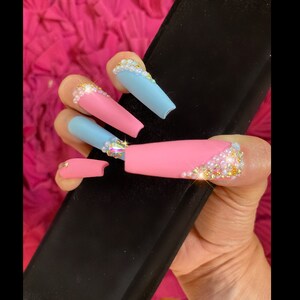 I Love Your Smile/Fly Matte Pastel Embellished Blue and Pink jeweled/Hand made/Press on Nails/pearls/crystal/rhinestones/Extra long/w/glue