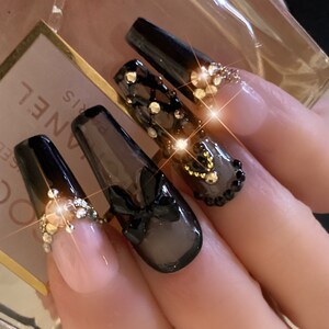 Can't Let You Go/Stunning Black Smoke Jeweled Bling French Press On Nails with Bows/Apres Nails/Vampy Nails/ Extra Long Nails/XXXL Fauxnails image 2