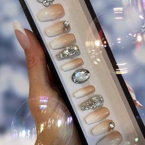Beige Ombre Press On Nails: 3D Crystal Glam XXL Nails