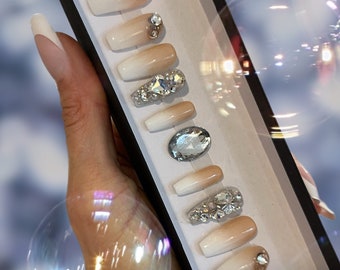 Beige Ombre Press On Nails: 3D Crystal Glam XXL Nails