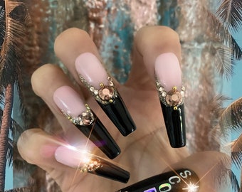 Zodiac Press-On Nails: Black French, Rose Gold Crystals, Custom Birthday Nails