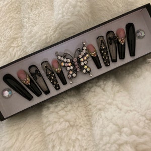 Can't Let You Go/Stunning Black Smoke Jeweled Bling French Press On Nails with Bows/Apres Nails/Vampy Nails/ Extra Long Nails/XXXL Fauxnails image 9