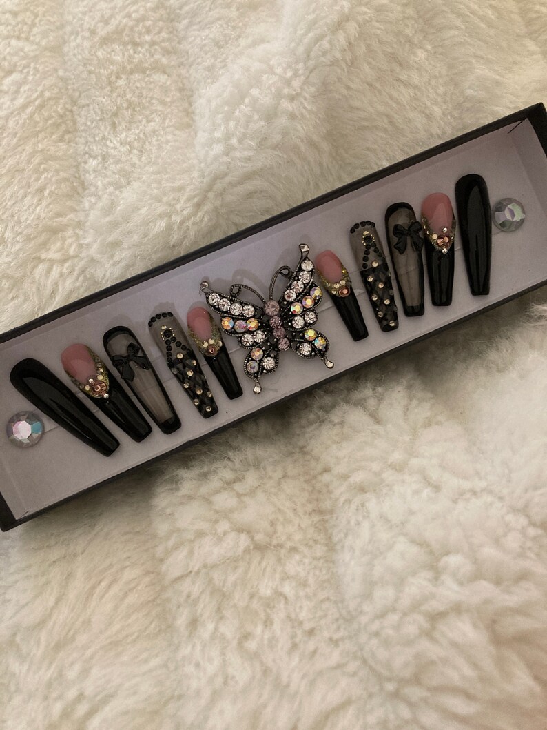 Can't Let You Go/Stunning Black Smoke Jeweled Bling French Press On Nails with Bows/Apres Nails/Vampy Nails/ Extra Long Nails/XXXL Fauxnails image 9