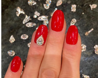 Red Press On Nails with Rhinestone Jewelry Clusters