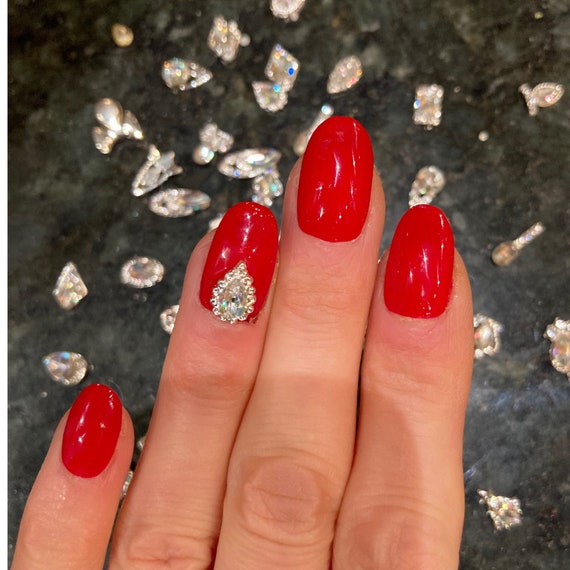 Sexy Classy Red Nails With Oversized Rhinestone Jewelry Clusters