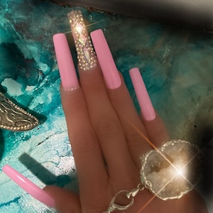 Bad and Bouijee/Jelly Baby Pink with bling/Diamond nails/Press on Nails/ crystal nails/ fake nails /glue on nails/Extra long nails