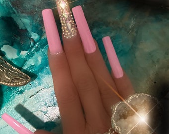 Pink Bling Press On Nails: Extra Long Diamond Crystal Nails