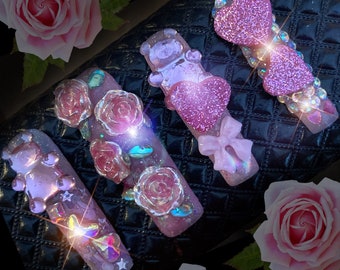 Y2K Teddy Bear Press On Nails: Kawaii Square Tip Nail Set