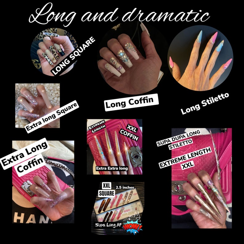 May include: A collage showcasing various long and dramatic nail designs. Styles include long square, extra long square, long coffin, extra long coffin, long stiletto, and XXL coffin and stiletto nails. Some nails feature glitter, rhinestones, and animal print.