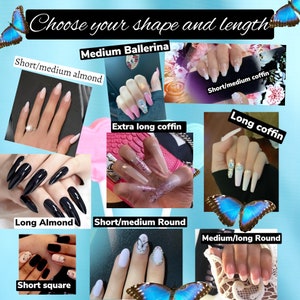 May include: A collage of images showing different nail shapes and lengths, including short/medium almond, extra long coffin, short/medium coffin, long coffin, long almond, short/medium round, medium/long round, and short square.