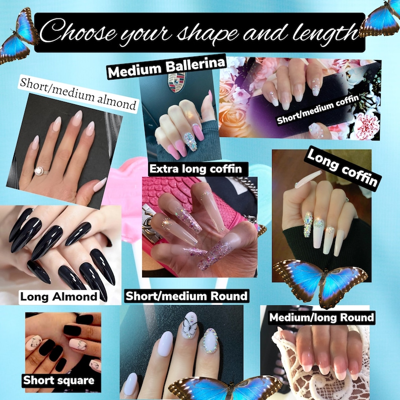 May include: A collage of images showing different nail shapes and lengths, including short/medium almond, extra long coffin, short/medium coffin, long coffin, long almond, short/medium round, medium/long round, and short square.