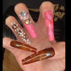 Love Me Now/Bling & Tortoise Pink Marble Press on Nails/extra long/xxl long/Sexy Nails/Glam Nails/Rose Gold stones