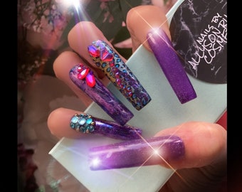 Showstopper Glammie Purple and turquoise press on Nails with reflective glitter and jewels