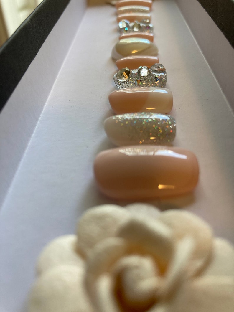 Tender Love/Perfect Bride Wedding press on nails/Swarovski crystals Beige or Pink/Pick your perfect length/custom/short/medium/extra long image 6