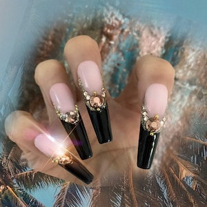Who Do you Love/Black and Pale pink French apres nails with bronze and rose gold Rhinestones and gold luxury glitter
