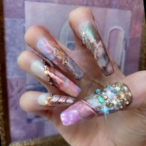 Da Bomb Nails/Drama Extra long Press on Nails w/rose gold jewels/sage green crystals/marble/pearls/glitter/Builder Gel/sturdy & handmade