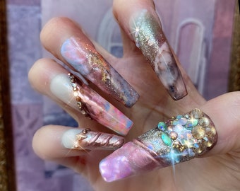 Da Bomb Nails/Drama Extra long Press on Nails w/rose gold jewels/sage green crystals/marble/pearls/glitter/Builder Gel/sturdy & handmade