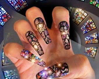 Stained Glass Hand-Painted Press On Nails, Extra Long Glitter Rainbow