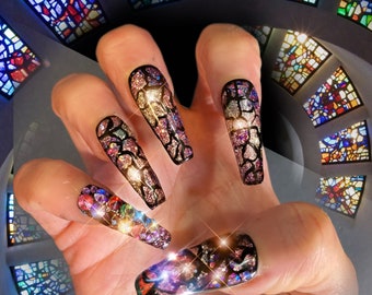 Stained Glass Hand painted Press on nails/extra long nails/ glitter rainbow nails