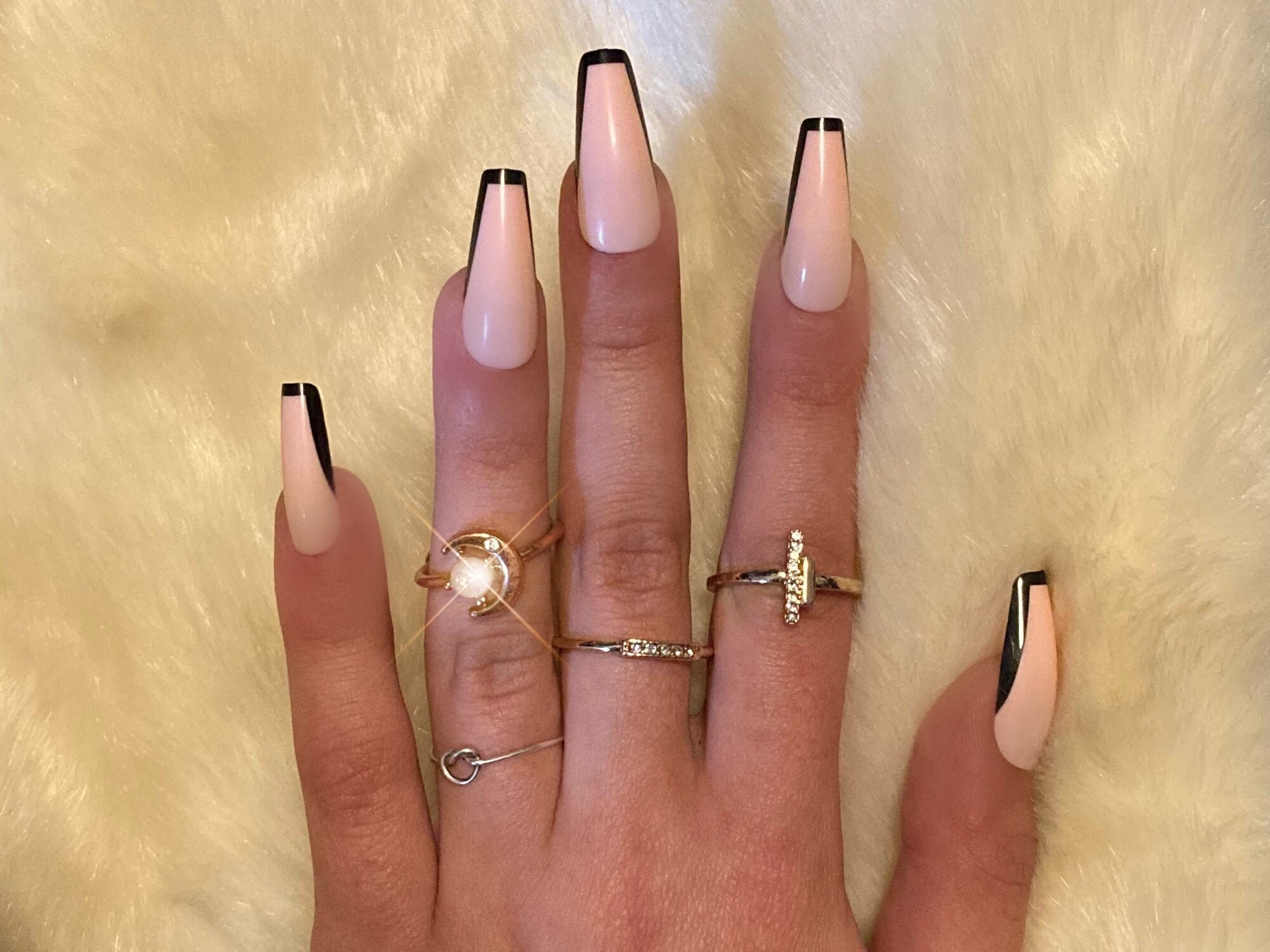 Black And Pinky Peachy V Tip French Mid Coffin Medium Etsy