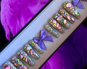 Silver Glitter Press On Nails: Purple Rhinestone Bling Glam