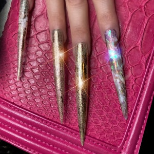 Pretty Witch Costume/Gorgeous Gold & Opal Press on nail/extendo/extreme length/super long/XXL long nails/ glitter