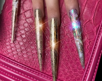 Gold Opal Press On Nails, XXL Long Glitter, Witch Costume Nails