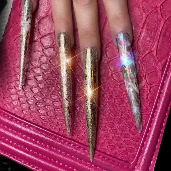 Queen of Kings/Gorgeous Gold & Opal Press on nail/extendo/extreme length/super long/XXL long nails/ glitter/You pick your length and shape!