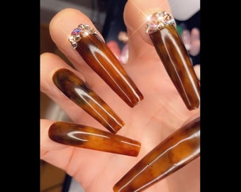 Tortoise Shell Press On Nails: Extra Long Bling Handmade Gel Nails