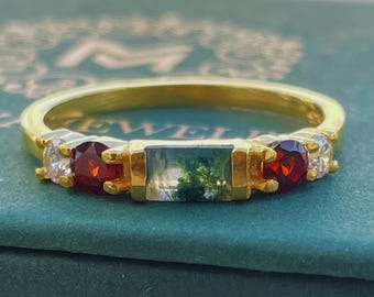 GARNET & MOSS AGATE Ring by Mehniya, 925 Sterling Silver Gold Vermeil Ring, Engagement Ring, Five Stone Solitaire Ring, Gift For Her