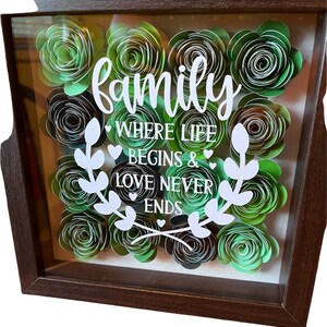 May include: A framed shadow box with a white background and green paper flowers. The flowers are arranged in a circle around the text "family, where life begins & love never ends".