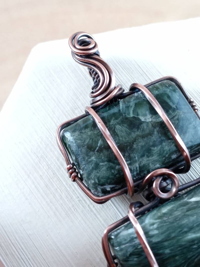 Oxidized Wire Wrapped Seraphinite Crystal Gem Stone Necklace Minimalist Rustic Celtic